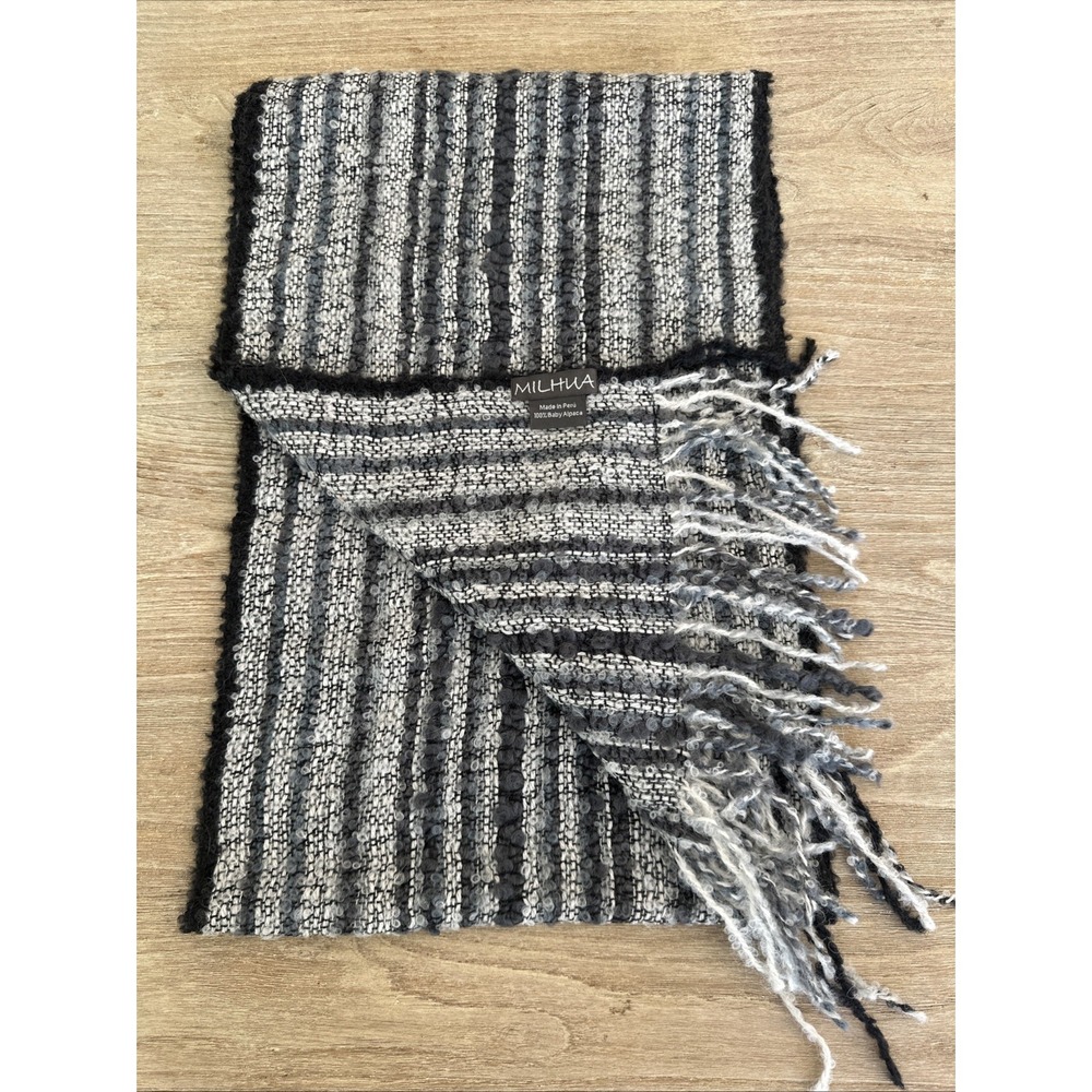 Milhua 100% Baby Alpaca Scarf Peru Striped Knit Fringe Wrap 74x12 Minimalist